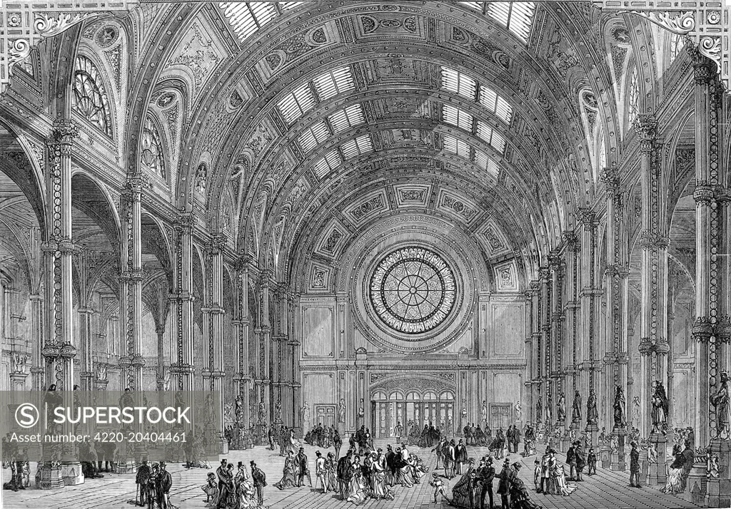 Engraving showing the interior of the Central Hall, Alexandra Palace, London, 1875.     Date: 17 April 1875