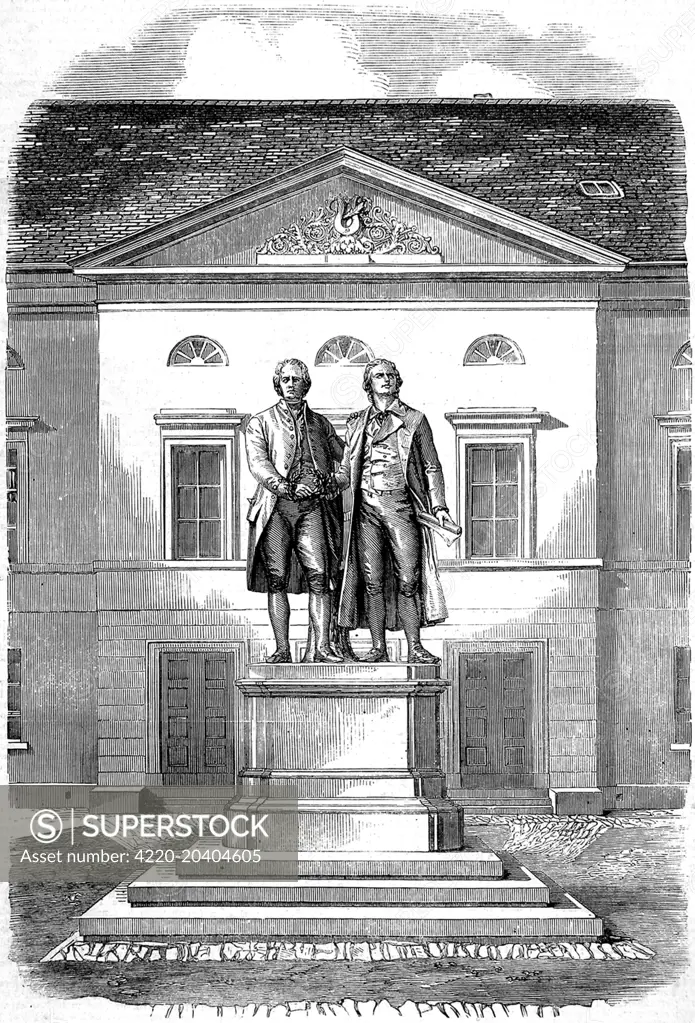 Engraving showing the joint statue of Johann Wolfgang von Goethe (1749-1832) and Friedrich Schiller (1759-1805), the German writers, at Weimar, Germany, 1858.     Date: 20 November 1858