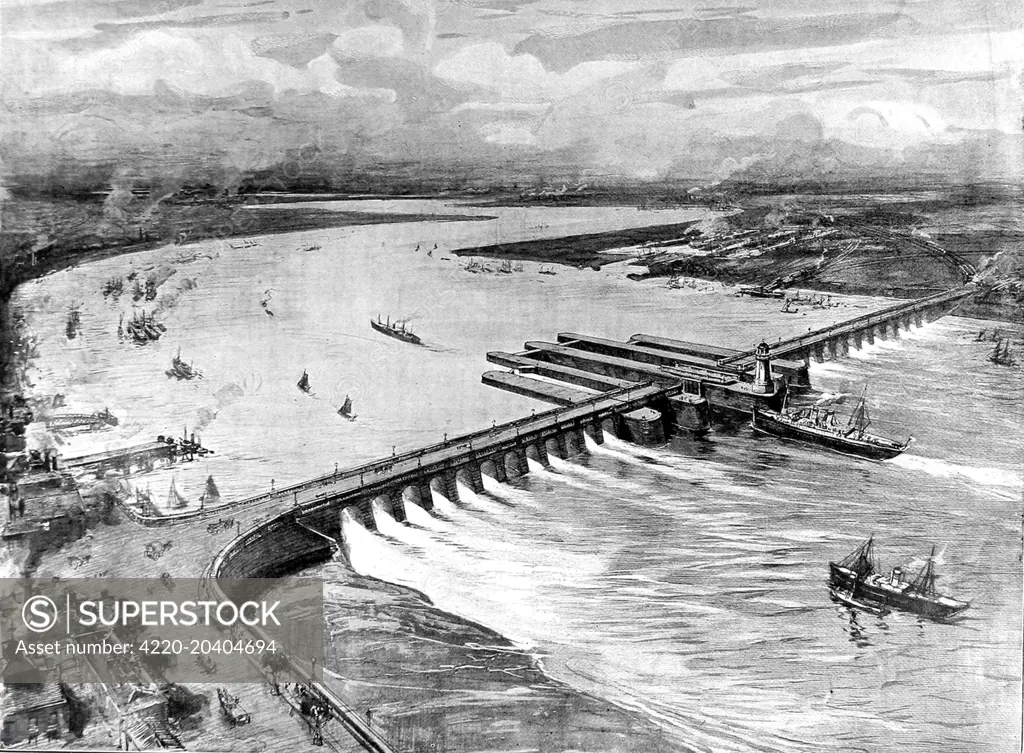 Illustration showing a proposal for a barrage of dams and locks, across the River Thames, from Gravesend to Tilbury, 1904.      This proposal was suggested by T.W. Barber and J. Casey to protect London against flood from the Thames Estuary.     Date: 19/03/1904