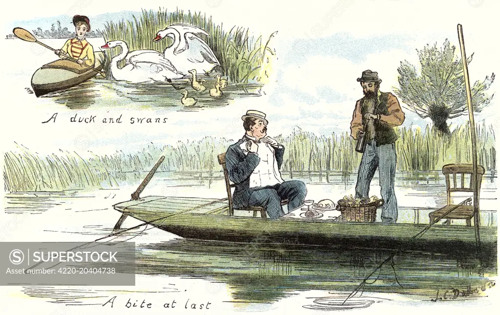 Illustration showing two scenes of boating on the River Thames, during the Summer of 1879.      At top left, a young girl in her canoe encounters a family of swans.  The main picture shows a large gentleman sitting down to lunch, in his skiff, as his hired boatman opens a bottle of drink.     Date: Summer Number 1879