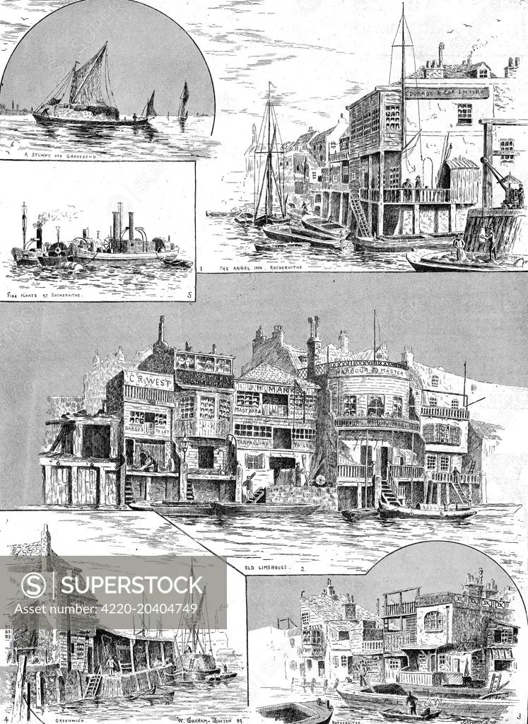 Engraving showing a number of scenes along the River Thames from Gravesend to Rotherhithe, London, 1890.    The images show (clockwise from top right): The Angel Inn, Rotherhithe; Old Limehouse; Rotherhithe; Greenwich; Fire Floats at Rotherhithe; a sailing barge off Gravesend.     Date: 3 May 1890