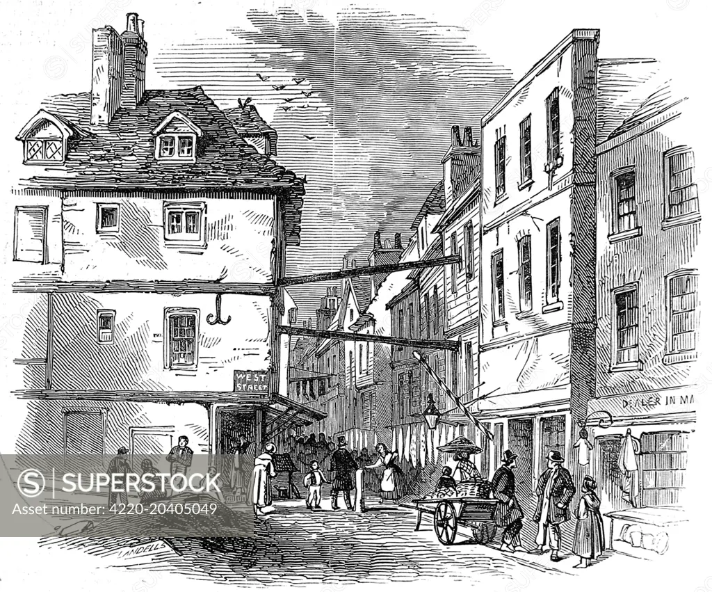 Engraving showing the street scene in Field Lane, London, 1847.  At that time this street, old and narrow, was considered a den of thievery.     Date: 23 January 1847