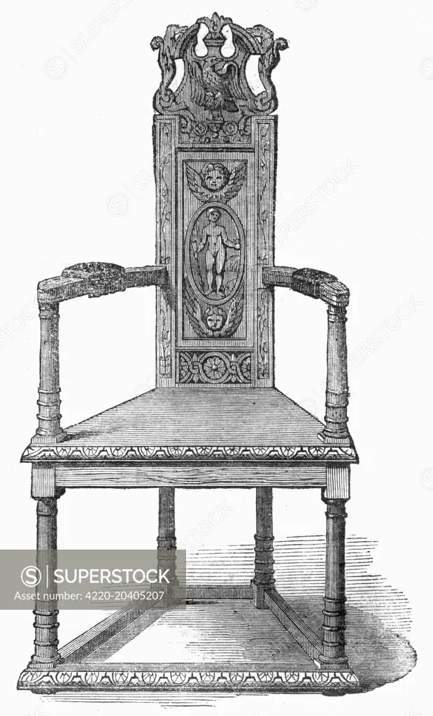 Engraving showing Alexander Pope's chair, pictured in 1862.  Alexander Pope (1688-1744) was the English essayist, critic, satirist and poet of the Enlightenment period.     Date: 1 February 1862