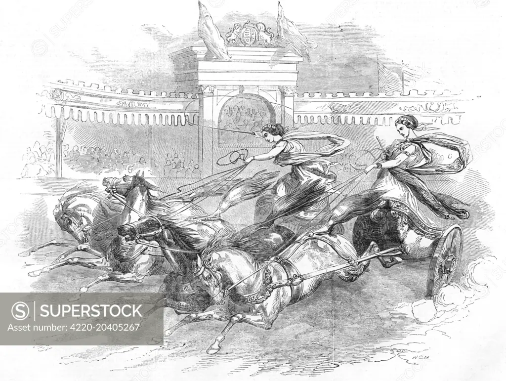 Engraving showing two female charioteers performing at 'Batty's Grand National Hippodrome', Kensington, London, in 1851.     Date: 10 May 1851