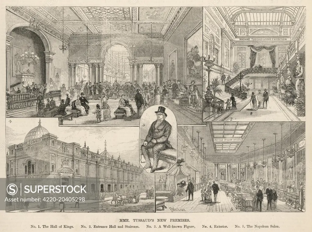 Engraving showing a number of views of Madame Tussaud's waxwork museum, London, 1884.      These images show the museum shortly after it moved to its Marylebone Road premises that year.    The images show (clockwise from top left): The Hall of Kings; Entrance Hall and Staircase; The Napoleon Salon; the exterior of Madame Tussauds.  In the centre 'A well known figure'.     Date: 2 August 1884