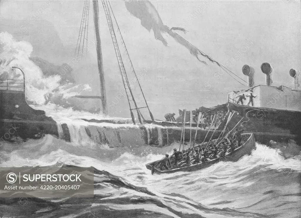 Illustration showing the cutter of the SS 'Mayo' coming alongside the wreck of the SS 'Aden' on a reef on the east side of Socotra, 1897.  The crew of the 'Mayo' were able to save 35 passengers and crew by this heroic action.     Date: 17 July 1897