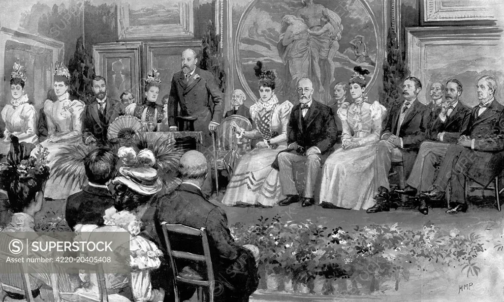 Illustration showing the Prince of Wales making a speech at the opening of the 'National Gallery of British Art', later known as the 'Tate Gallery' and now 'Tate Britain', London, 1897.      Those in attendance were the Prince and Princess of Wales, the Duke and Duchess of York, the Duke and Duchess of Fife, Mr. and Mrs. Tate and the Trustees of the Museum (Lord Lansdowne, the Earl of Carlisle, Lord Brownlow, Alfred Rothschild, Sir Charles Tennant, J.P. Heseltine and Murray Scott).     Date: 31 