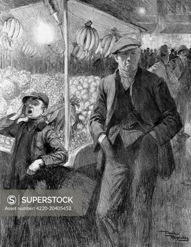 Illustration showing a London costermonger and his 'boy' at their market 'Fruit and Veg' stall, 1910. This image was produced by Frank Reynolds as part of a series entitled: 'Peculiarly British Types'.     Date: 1910