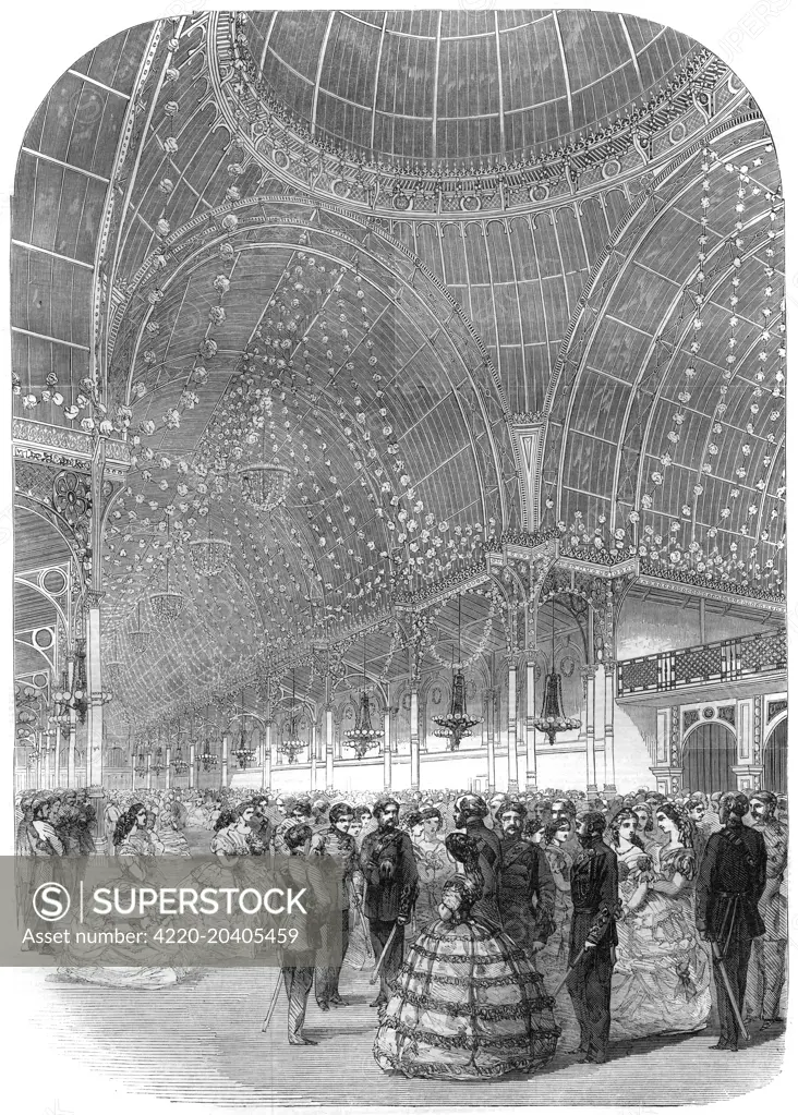 Engraving showing the Volunteer's Ball at the Floral Hall in Covent Garden, London, 1860.      This image shows the Volunteers in their uniforms and their partners in formal evening dresses.  The Floral Hall was, and is, a building of fine ironwork and glass.     Date: 17 March 1860