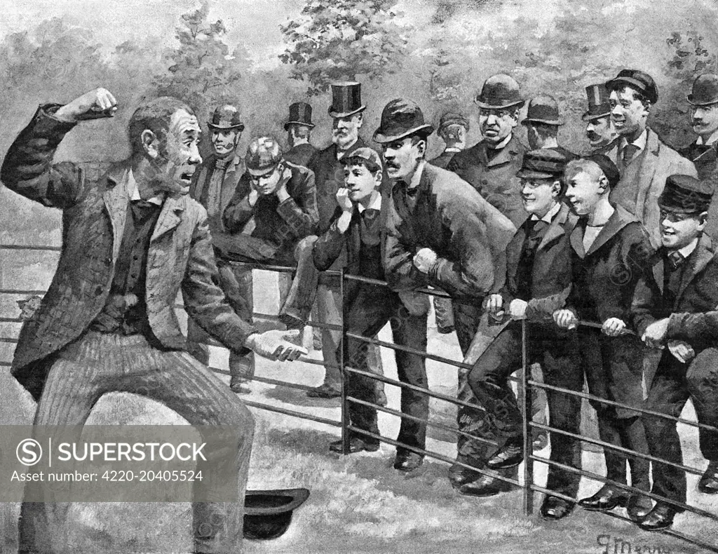 Illustration showing a socialist speaker (on left) holding forth in Hyde Park on a Sunday afternoon, London, 1892.    The original caption for this image read: 'Socialism in London: A Sketch in Hyde Park on Sunday Afternoon.  'It's no good arguing with you; you're too pachydermatous to see anything''.     Date: 11 June 1892