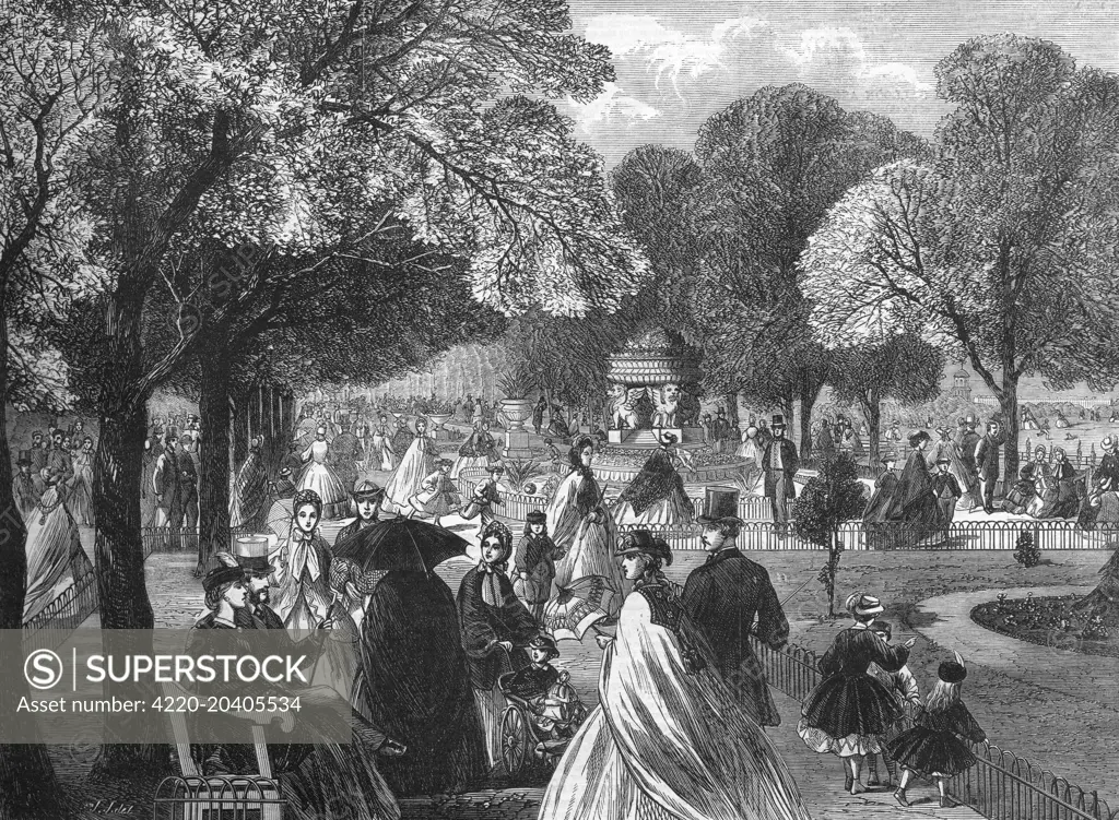 Engraving showing a number of Victorian Londoners strolling in the gardens of Regent's Park, London, in 1863.      This image was published in the Illustrated London News to illustrate the improvements that had just been completed in those gardens.     Date: 1 August 1863