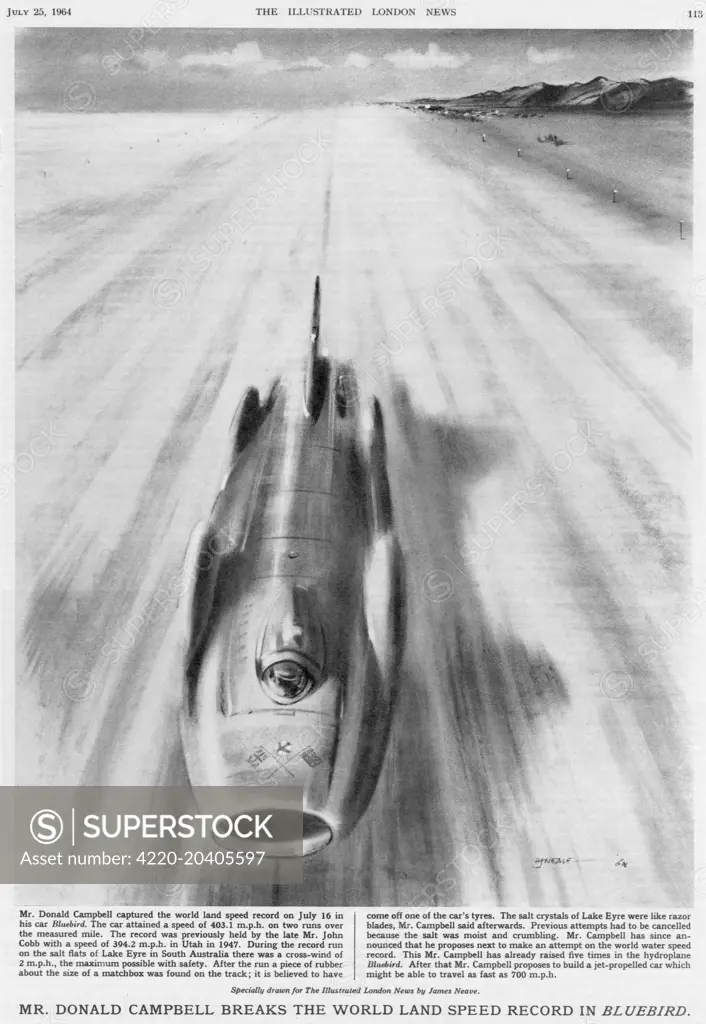 Illustration showing Donald Campbell (1921-1967) driving 'Bluebird' across Lake Eyre, Southern Australia, during his successful attempt on the world land speed record in July 1964.     Date: 25/07/1964