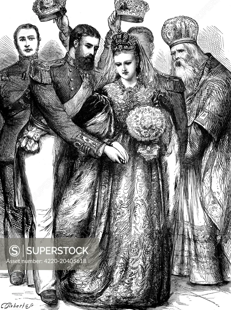 Front cover engraving from 'The Graphic' showing Prince Alfred, Duke of Edinburgh during the marriage ceremony to the Grand Duchess Marie Alexandrovna of Russia in the Winter Palace of St. Petersburg in January 1874.  The wedding comprised of two ceremonies; a Greek orthodox ceremony in the Imperial Chapel, immediately followed by an English ceremony in the Alexander Hall, conducted by the Dean of Westminster.  Here, crowns are being placed over the couple's heads in the tradition of Greek Ortho