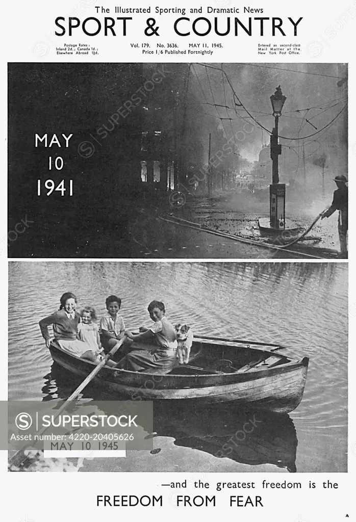 Front cover from 'Sport &amp; Country' showing the contrast between war time London and victory in 1945.     Date: 01/05/1945