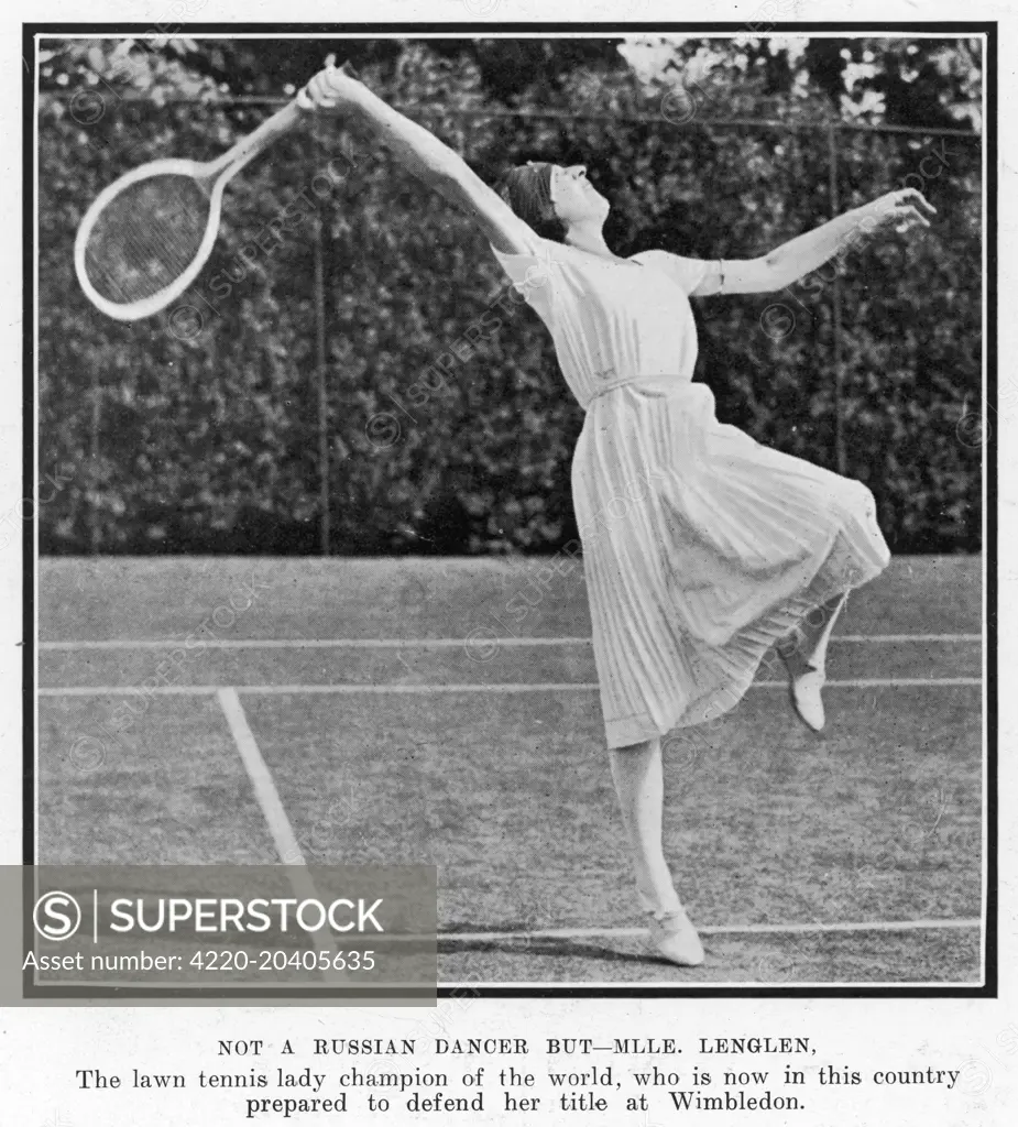 French tennis player Suzanne Lenglen preparing to defend her Wimbledon title in 1921. Lenglen dominated women's tennis during the early 1920s, winning the Wimbledon women's singles championship six times.  25th July 1921, p560