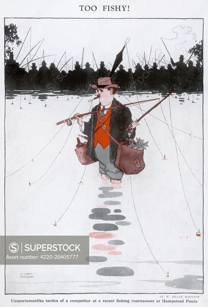 Unsportsmanlike tactics of a competitor at a recent fishing tournament at Hampstead Ponds.  Humorous illustration by William Heath Robinson (1872-1944) showing a man with an elaborate fishing contraption.  Please note: Credit must appear as  Courtesy of the estate of Mrs J.C.Robinson/Pollinger Ltd/ILN/Mary Evans  1926