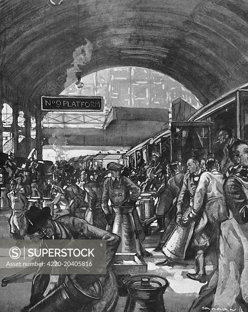 Volunteers save the situation: Undergraduate Railway Workers.  Illustration by ILN special artist, Steven Spurrier depicting the successful distribution of the country's food during the General Strike.  Volunteers are handling milk at Paddington station which has just arrived on a train, delivering it onto lorries waiting to take it to various depots for distribution.  The volunteers worked in 12-hour shifts.    In support of a strike by coal miners over the issue of threatened wage cuts, the Tr