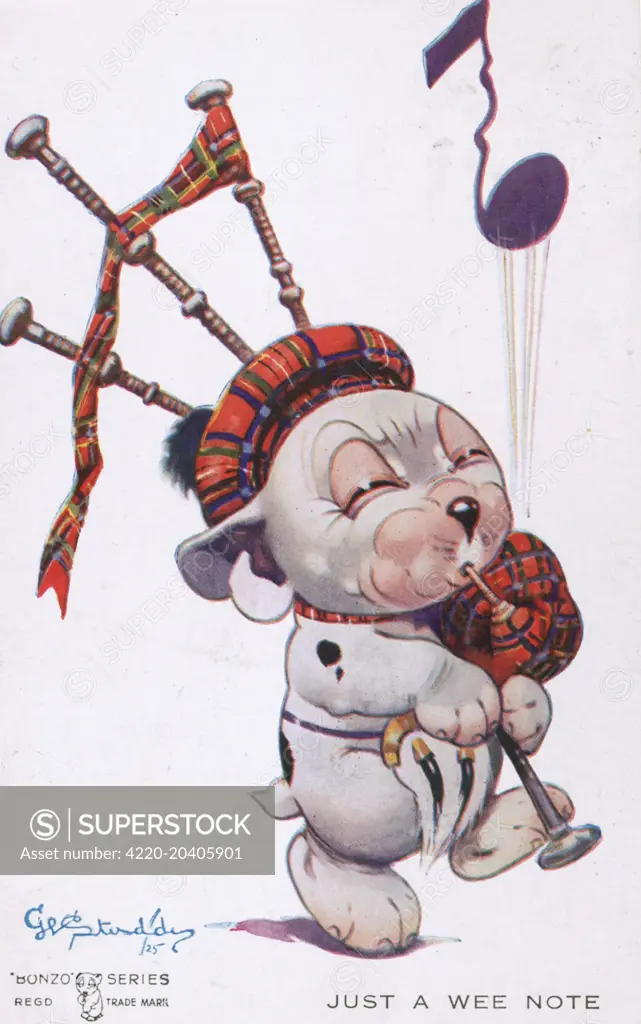 Illustration by George Ernest Studdy (1878-1948) showing Bonzo the dog, dressed in a tartan tam o'shanter playing the Scottish bagpipes.  Studdy created Bonzo for The Sketch magazine in the early 1920s. He was hugely popular with the character spawning a range of merchandise from plush toys to ink wells.  