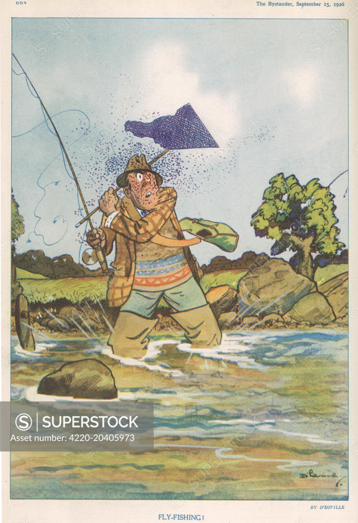 A humorous illustration of a man being attacked by flies whilst fishing ...