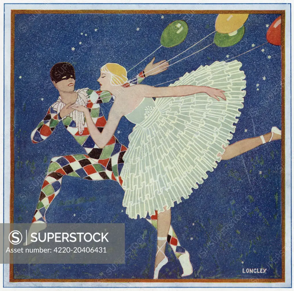 Colour illustration by S.S. Longley showing Harlequin and Columbine with balloons.  27th November 1922