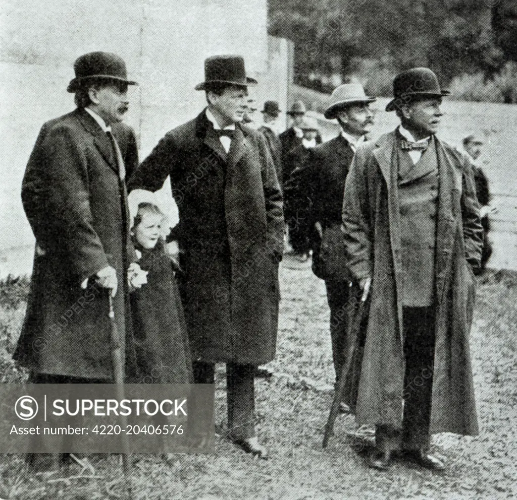 Winston Churchill, Mr David Lloyd George and Miss Lloyd George at the Eisteddfod.     Date: 9th September 1908