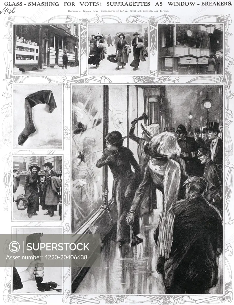 This illustration shows suffragettes breaking windows in protest for the right to vote.     Date: 9th March 1912