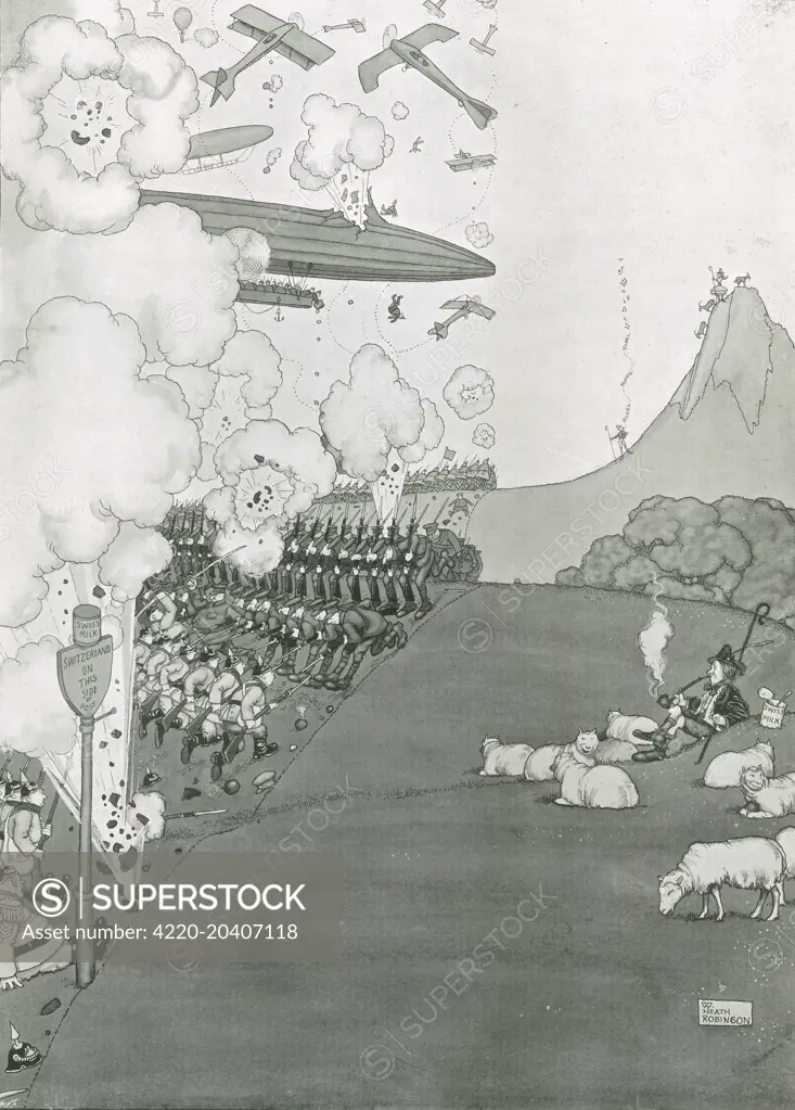 The absurdity of war summed up by Heath Robinson as a shepherd puffing peacefully on his pipe sits in neutral Switzerland and watching with detached amusement the fighting just over the border in France.    16 January 1915