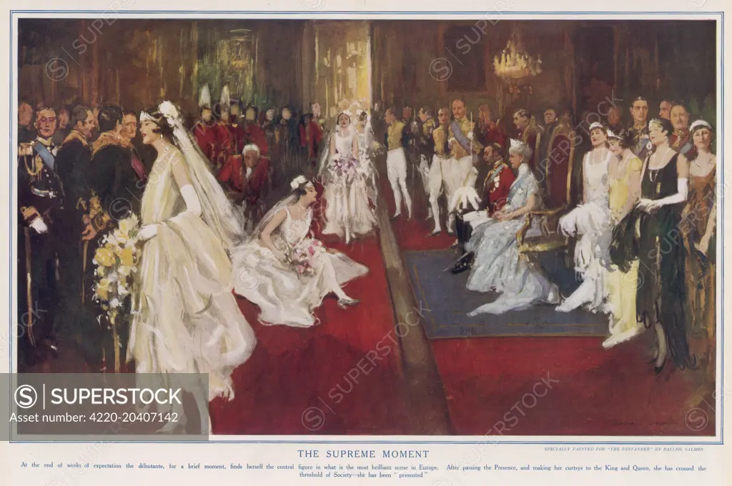 Debutantes, clad in their  finery curtsey to King George  V and Queen Mary during a  court presentation.  Thus they  are launched into &quot;Society&quot;.      Date: 1928