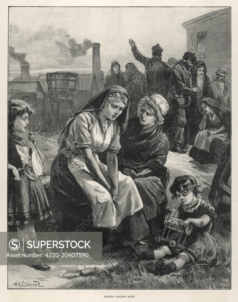 An anxious wife of a miner  waits at the pit head for news  of her husband following an  accident of explosion in an  unidentified colliery.      Date: 1892