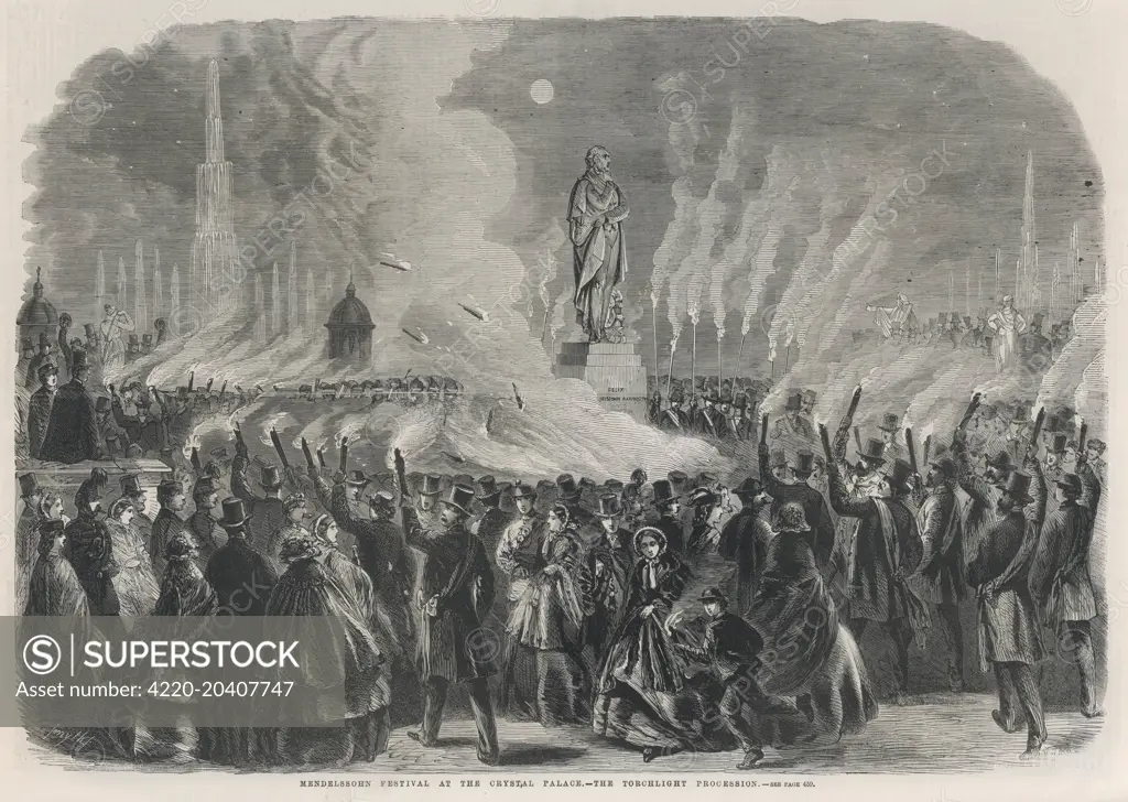 A torchlight procession during the Mendelssohn Festival at Crystal Palace.  It followed the unveiling of Bacon's statue of the composer.     Date: 1860