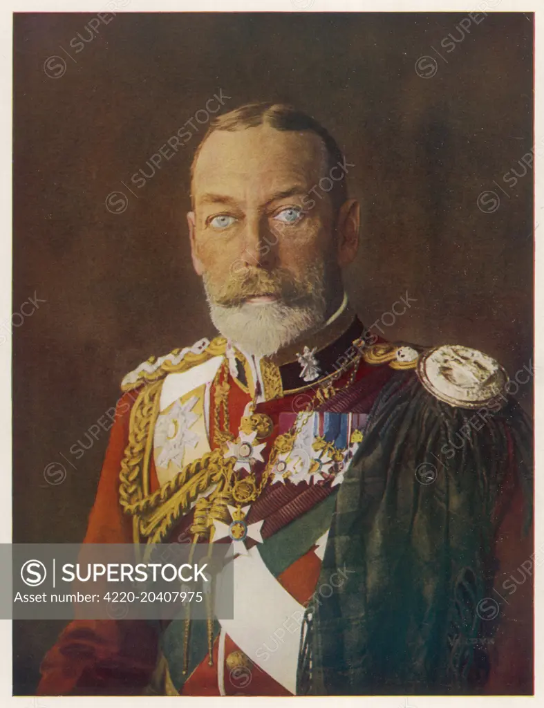 King George V (1865 - 1936) printed to celebrate the king's recovery from illness in 1929.  1865 - 1936