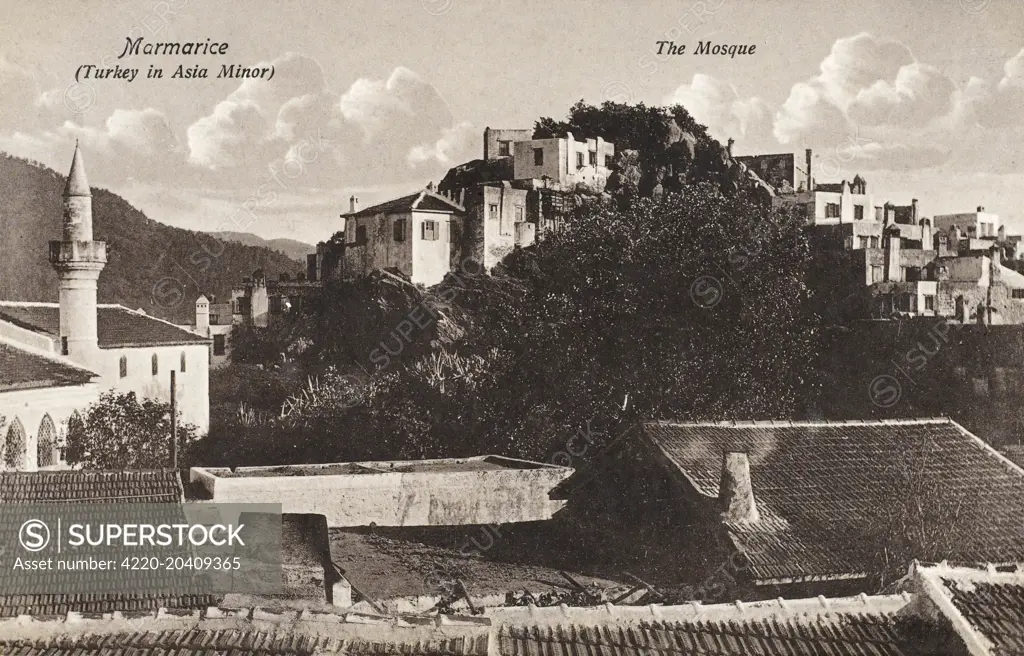 Turkey - view of the Mosque in the town of Marmaris in the province of Caria. The ancient name for Marmaris was Physkos - part of the Rhodian Empire during the reign of Alexander the Great. Came under Ottoman control in the mid 16th century. In 1552 Suleiman challenged the Knights of St. John and captured Marmaris.     Date: 1920s