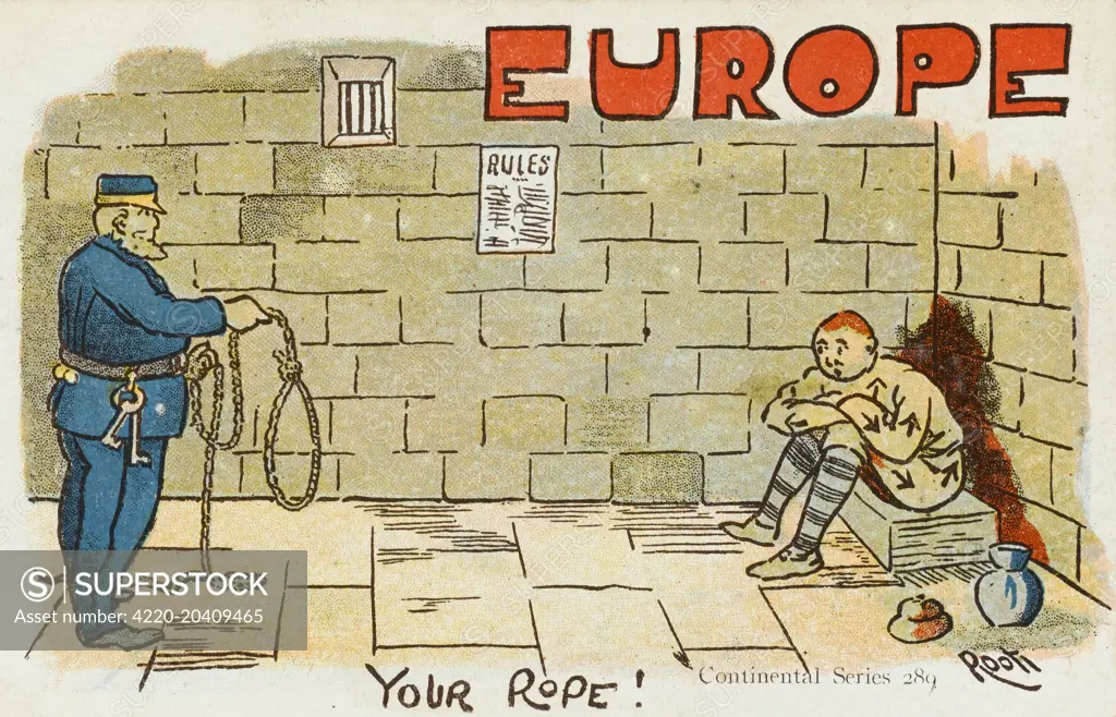 Pre World War One political cartoon attacking Europe - A prison guard offers Europe, in prisoner's fatigues, a metaphorical rope     Date: circa 1910