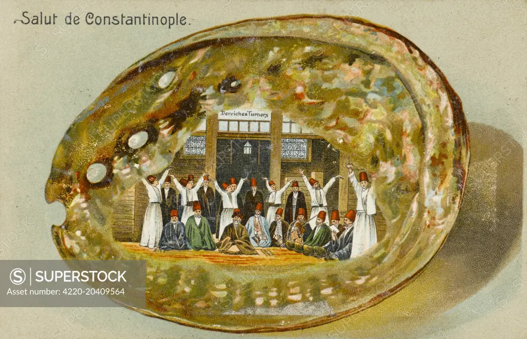 Group of Mevlevi Dervishes, Constantinople - pictures inside a seashell. The Mevlevi Whirling Dervishes of Konya (Konia). This Dervish order was founded in memory of Jelaluddin Rumi (1207 - 1273)  mystic and poet. When the great Andalusian mystic Muhyiddin Ibn Arabi met Rumi (as a boy) with his Father in Baghdad  he commented when he saw him walking away behind his Father How strange, there goes a Sea followed by an Ocean. The advancing Mongol hordes forced Rumis Family to leave Balkh  arriving 