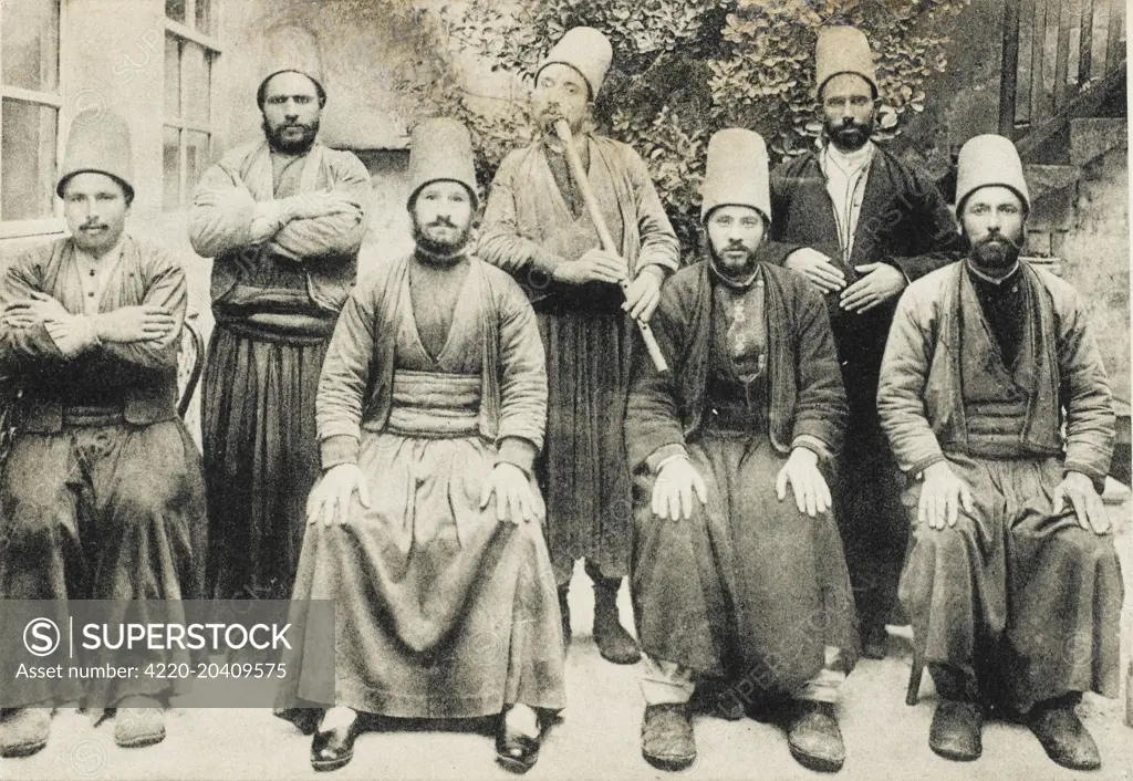 The Dervishes of Aleppo, Syria with ney player. The Mevlevi Whirling Dervishes of Konya (Konia). This Dervish order was founded in memory of Jelaluddin Rumi (1207 - 1273)  mystic and poet. When the great Andalusian mystic Muhyiddin Ibn Arabi met Rumi (as a boy) with his Father in Baghdad  he commented when he saw him walking away behind his Father How strange, there goes a Sea followed by an Ocean. The advancing Mongol hordes forced Rumis Family to leave Balkh  arriving finally in Konya (Turkey)