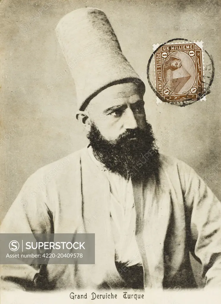 Egypt - Mevlevi Dervish Sheikh (portrait). The Mevlevi Whirling Dervishes of Konya (Konia). This Dervish order was founded in memory of Jelaluddin Rumi (1207 - 1273)  mystic and poet. When the great Andalusian mystic Muhyiddin Ibn Arabi met Rumi (as a boy) with his Father in Baghdad  he commented when he saw him walking away behind his Father How strange, there goes a Sea followed by an Ocean. The advancing Mongol hordes forced Rumis Family to leave Balkh  arriving finally in Konya (Turkey). In 