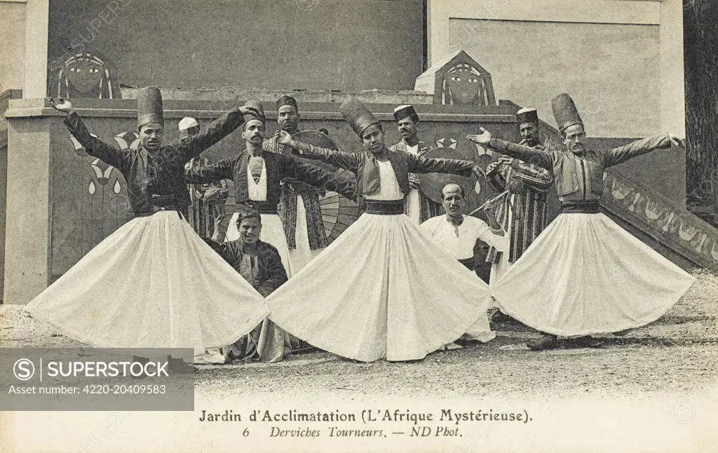 North African Dervishes displaying at a French Exhibition. The Mevlevi Whirling Dervishes of Konya (Konia). This Dervish order was founded in memory of Jelaluddin Rumi (1207 - 1273)  mystic and poet. When the great Andalusian mystic Muhyiddin Ibn Arabi met Rumi (as a boy) with his Father in Baghdad  he commented when he saw him walking away behind his Father How strange, there goes a Sea followed by an Ocean. The advancing Mongol hordes forced Rumis Family to leave Balkh  arriving finally in Kon