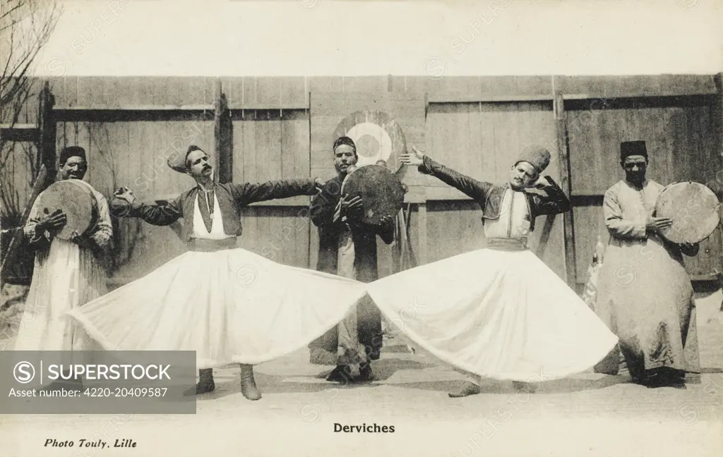 Two Whirling Dervishes with musicians. The Mevlevi Whirling Dervishes of Konya (Konia). This Dervish order was founded in memory of Jelaluddin Rumi (1207 - 1273)  mystic and poet. When the great Andalusian mystic Muhyiddin Ibn Arabi met Rumi (as a boy) with his Father in Baghdad  he commented when he saw him walking away behind his Father How strange, there goes a Sea followed by an Ocean. The advancing Mongol hordes forced Rumis Family to leave Balkh  arriving finally in Konya (Turkey). In Kony