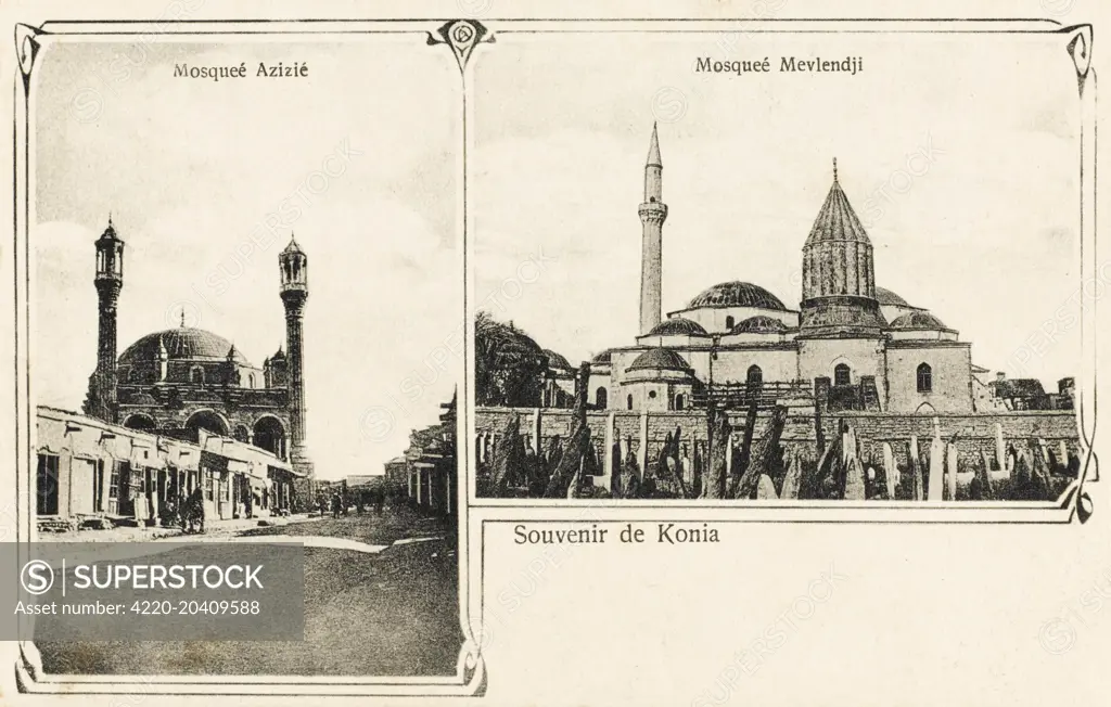 Konya - Rumi's Mosque and Tomb Complex from Dervish Graveyard and the Azize Mosque. The Mevlevi Whirling Dervishes of Konya (Konia). This Dervish order was founded in memory of Jelaluddin Rumi (1207 - 1273)  mystic and poet. When the great Andalusian mystic Muhyiddin Ibn Arabi met Rumi (as a boy) with his Father in Baghdad  he commented when he saw him walking away behind his Father How strange, there goes a Sea followed by an Ocean. The advancing Mongol hordes forced Rumis Family to leave Balk