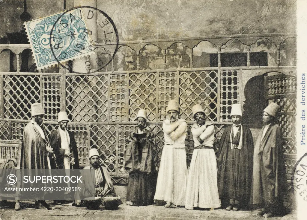 Egypt - Group of Mevlevi Dervishes with ney players and drummer. The Mevlevi Whirling Dervishes of Konya (Konia). This Dervish order was founded in memory of Jelaluddin Rumi (1207 - 1273)  mystic and poet. When the great Andalusian mystic Muhyiddin Ibn Arabi met Rumi (as a boy) with his Father in Baghdad  he commented when he saw him walking away behind his Father How strange, there goes a Sea followed by an Ocean. The advancing Mongol hordes forced Rumis Family to leave Balkh  arriving finally 