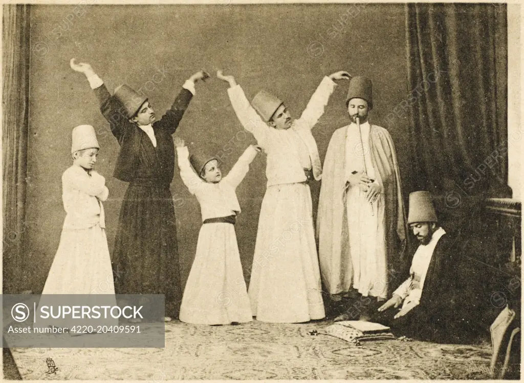 Whirling Dervishes - young and old (Constantinople). The Mevlevi Whirling Dervishes of Konya (Konia). This Dervish order was founded in memory of Jelaluddin Rumi (1207 - 1273)  mystic and poet. When the great Andalusian mystic Muhyiddin Ibn Arabi met Rumi (as a boy) with his Father in Baghdad  he commented when he saw him walking away behind his Father How strange, there goes a Sea followed by an Ocean. The advancing Mongol hordes forced Rumis Family to leave Balkh  arriving finally in Konya (Tu