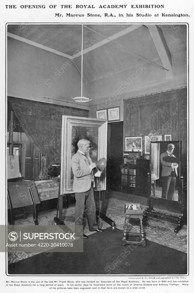 Marcus Stone, R.A. (1840 - 1921), artist and painter, pictured at work in his studio in Kensington, London.       Date: 1902