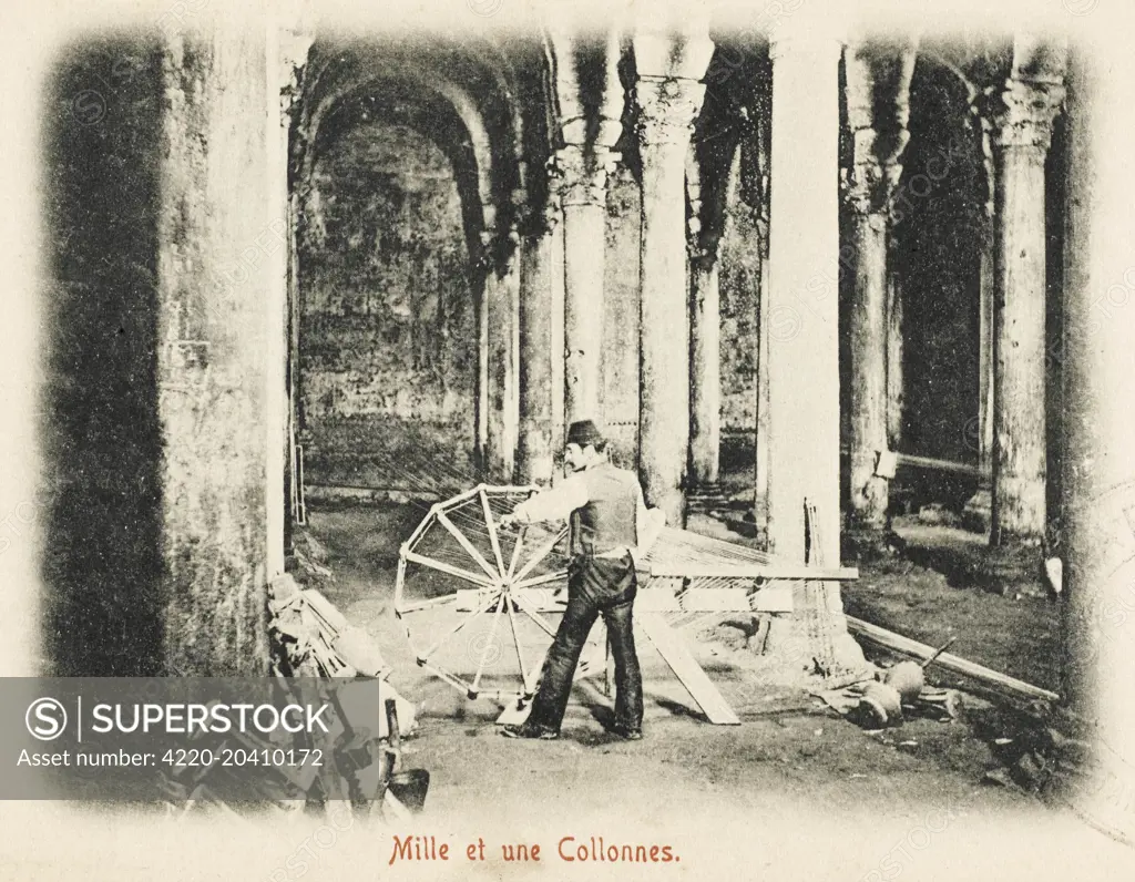 Repairs at the massive columned Cistern (known as the Basilica Cistern during the Roman Period). Thought to have been built during the reign of Justinian I, the age of Glory of Eastern Rome, also called the Byzantine Empire (after the Nika Revolt in 532 AD). Having been long-forgotten, it was re-discovered in 1545 and was used to water the gardens of the Topkapi Palace. Holds 80,000 cubic metres of water - has 336 marble colums each 9 metres high and the water was provided from the Belgrade wood