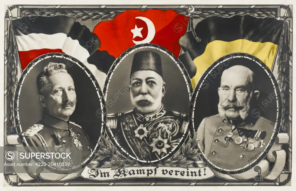 Sultan Mehmed V Reshad of Turkey (1844 - 1918), pictured with Kaiser Wilhelm II, and Franz Joseph of Austro-Hungary; the three emperors of the Central Powers in World War I.  circa 1915