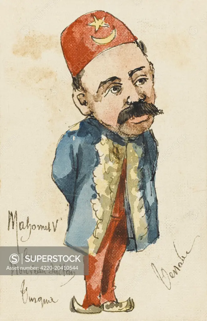 Celebrating the new Sultan. Sultan Mehmed V Reshad of Turkey (1844 - 1918). Sultan of the Ottoman Empire from 1909 until his death in 1918, Mehmed - original name Mehmed Resad - spent much of his life in seclusion until the forced abdication of his brother Sultan Abdul Hamid II at the hands of the Young Turks in 1909. A kindly gentle man with an interest in Persian literature, Mehmed was effectively little more than a puppet Sultan whose actions were directed by leaders of the Committee of Union