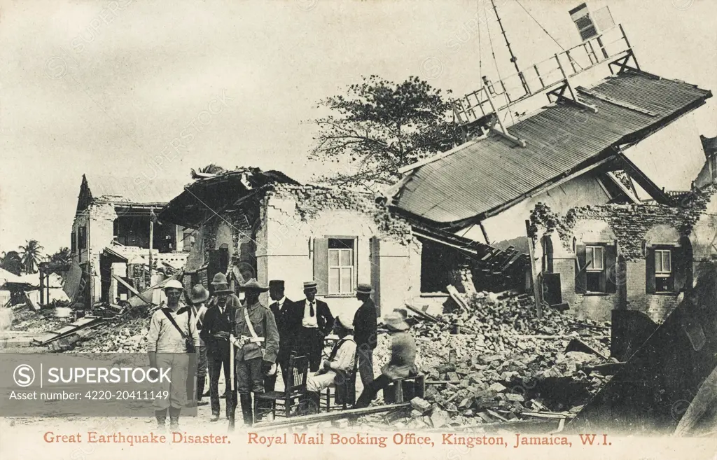 Effects of the disasterous Earthquake at Kingston, Jamaica on the Royal Mail Booking Office. The roof has collapsed     Date: 1907