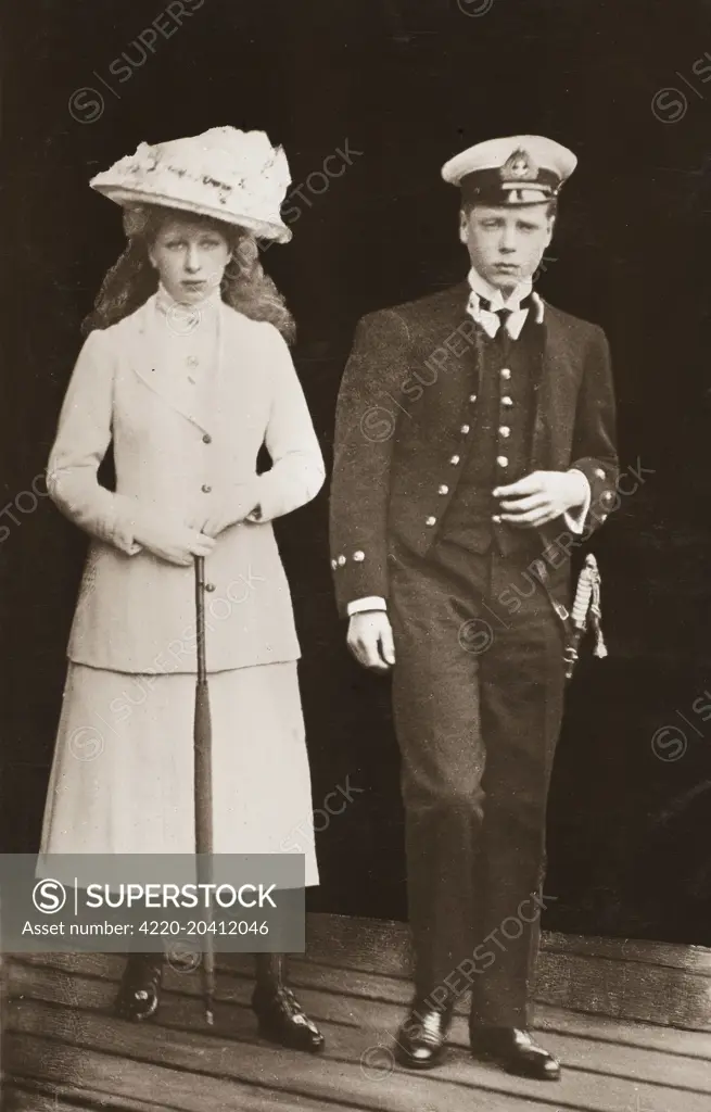 Two of the children of King George V, Edward Prince of Wales (Future King Edward VIII 1894 - 1972) and his sister Princess Mary, Princess Royal (later Countess of Harewood, 1897 - 1965). Edward wears ceremonial naval uniform.     Date: circa 1910s