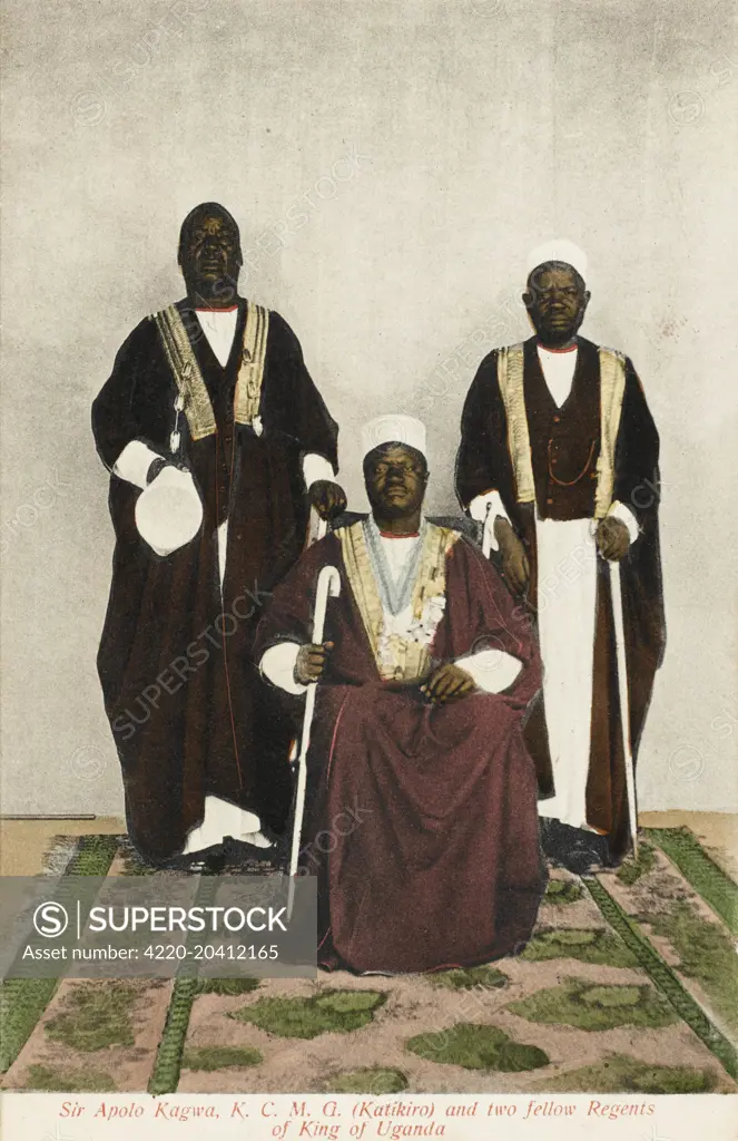 Card 2 of 2. The three Regents of the young King Daudi Cwa II of Uganda. They are: Sir Apolo Kagwa, KCMG (seated) and two fellow Regents. Sir Daudi Cwa II, KCMG, KBE (1896 - 1939) was the King (kabaka) of Buganda from 1897 to 1939. On 14 August 1897, he succeeded Mwanga II as king of Buganda, a state in East Africa, which is now part of Uganda. A reformist, he initiated several significant changes in his kingdom, including a process of democratisation. After his death in 1939, he was succeeded b