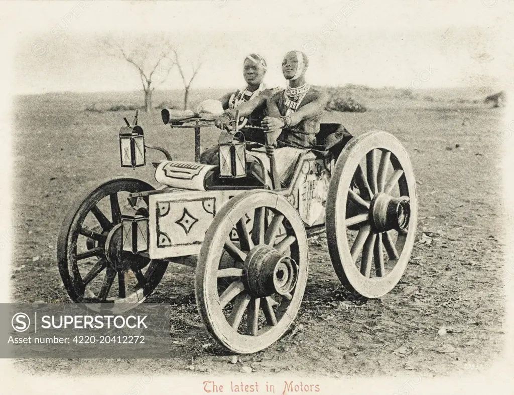 A 'humorous' card depicting two Zulu warriors on a vehicle manufactured by the 'Zulu Motor Company' !  1905