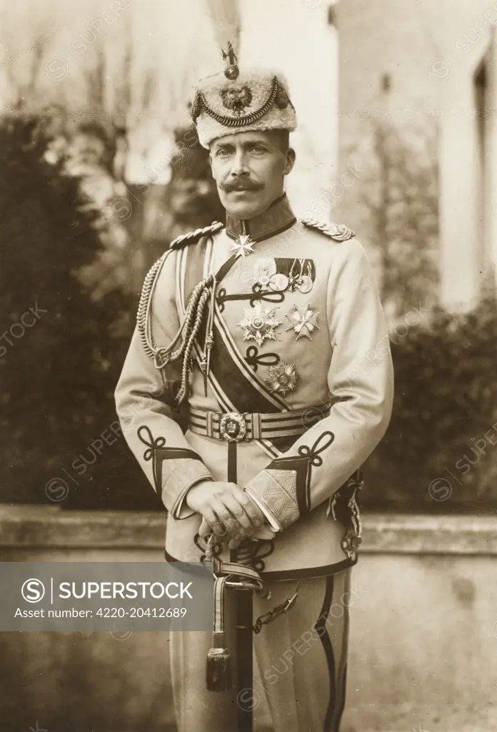 Prince William of Wied, Prince of Albania (Wilhelm Friedrich Heinrich) (1876  1945) reigned briefly as sovereign of Albania from March 7th, 1914 to September 3rd, 1914 when he left for exile. His reign officially came to an end on January 31, 1925 when the country was declared a republic. Outside the country and in diplomatic correspondence, he was styled 'sovereign prince', but in Albania he was referred to as 'mbret', or king. He was also styled Skanderbeg II, in homage to Skanderbeg, the nati